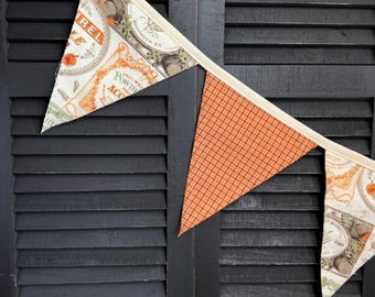 Retro Fall Vintage Labels Fabric Garland, Handmade Autumn Pennant Decor, Farmhouse Style Orange and White Rustic Swag, Choose Your Length