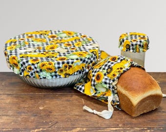 Sourdough Starter Set, Reusable Proofing Bowl & Jar Covers, Gingham Sunflowers Eco-Friendly Bread Bag, Handmade Artisan Bread Making Gift
