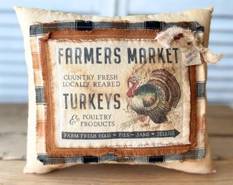 Primitive Fall Turkey Pillow for Thanksgiving, Rustic Country Home Accent, Handmade Farmhouse Style Decor, Cozy Autumn Pillow for Baskets