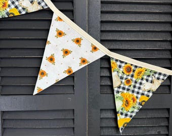 Fall Sunflower Fabric Garland, Handmade Autumn Pennant Decor, Farmhouse Style Black and White Gingham Swag, Choose Your Length