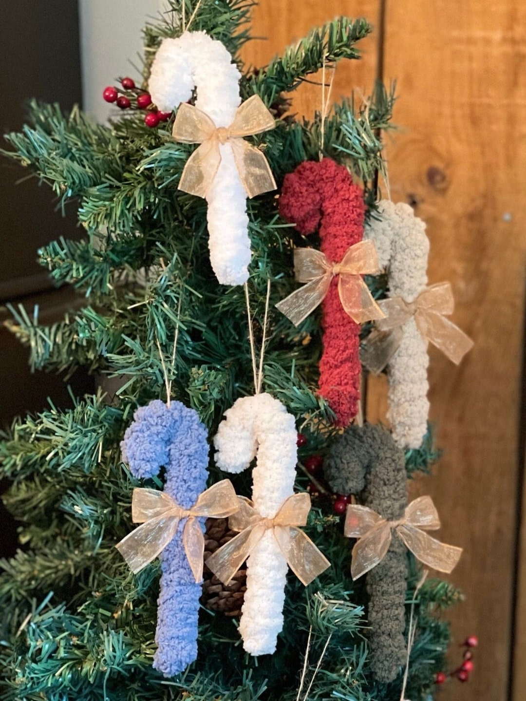 Candy Cane Ornaments Yarn Candy Canes Set of 4 Farmhouse Etsy