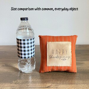 May include: Orange and brown throw pillow with the text "HAPPY thanksgiving" in a white square on the front. The pillow is next to a clear water bottle with a black and white checkered design.