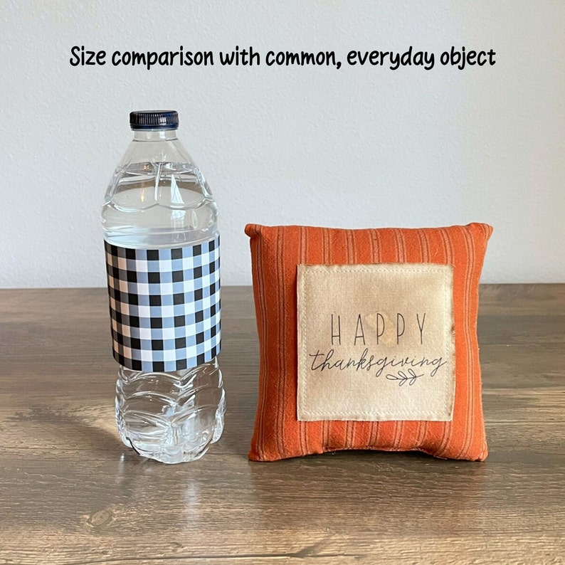 May include: Orange and brown throw pillow with the text "HAPPY thanksgiving" in a white square on the front. The pillow is next to a clear water bottle with a black and white checkered design.