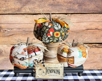 Stuffed Pumpkins with Burlap Leaves and Real Wood Stem, Handcrafted Wire Tendrils, Distressed Fabric Tie, Rustic Fall Decor, Tabletop Decor
