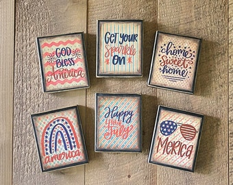 Fourth of July Tiered Tray Decor, Wooden Mini Signs for the Holidays, Americana Primitive Decor, Rustic Wood Blocks for Shelves and Tables