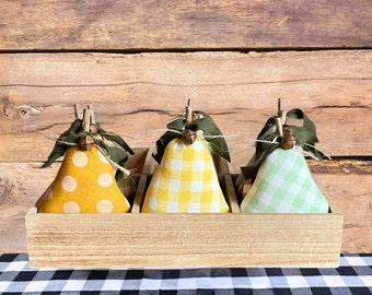 Primitive Fabric Pear Mini Pillow Tuck, Antique Fabric Fruit, Handmade Small Pillows, Rustic Fall Decor for Baskets and Bowls