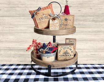 4th of July Tiered Tray Decor, Primitive Americana Wooden Signs, Patriotic Yarn Tree, Antiqued Mini Pillow Tuck, Old Fashioned USA Gifts