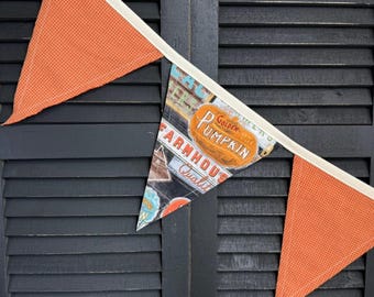 Fall Farmers Market Fabric Garland, Handmade Orange and Black Autumn Pennant Decor, Farmhouse Style Vintage Signs Swag, Choose Your Length