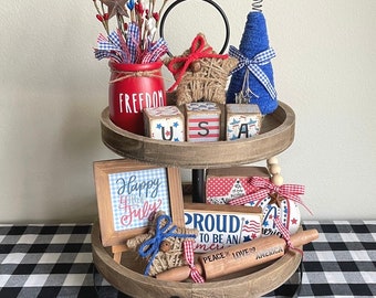 4th of July Tiered Tray Decor, Patriotic Red White and Blue Alphabet Blocks, Independence Day Yarn Tree