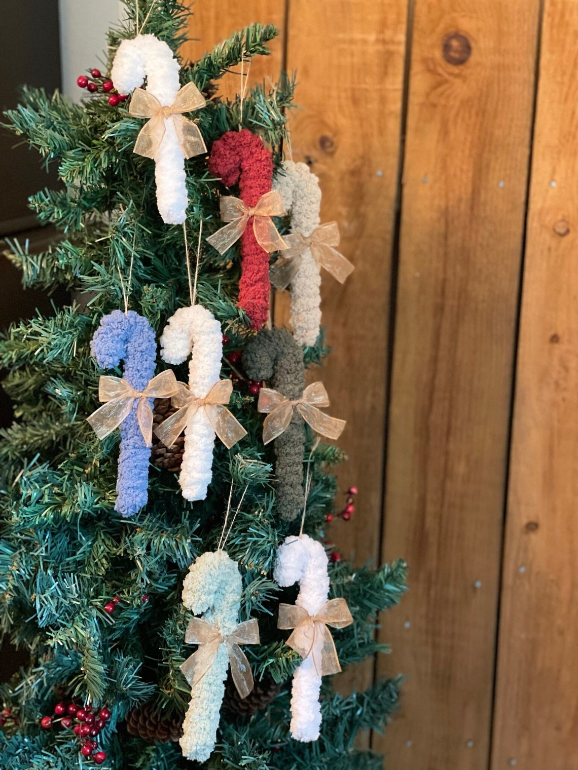 Set of 4 Yarn Candy Cane Ornaments Farmhouse Ornaments Candy Etsy