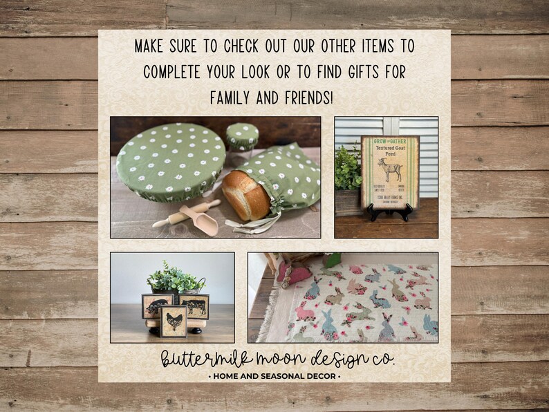 May include: A collage of home decor items. Includes a green polka dot bread cover, a wooden rolling pin, a sign with a goat illustration, and a floral bunny-themed rug. The text reads: "MAKE SURE TO CHECK OUT OUR OTHER ITEMS TO COMPLETE YOUR LOOK OR TO FIND GIFTS FOR FAMILY AND FRIENDS!"