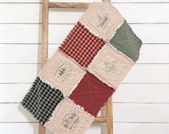 NEW - Primitive Christmas Table Runner, Raggy Quilted Table Runner, Farmhouse Holiday Decor, Rustic Country Christmas, Handmade Winter Table