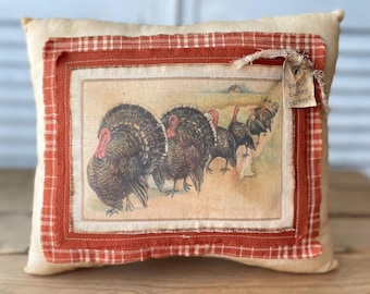 Primitive Handmade Thanksgiving Turkey Pillow, Vintage Turkey Trot Picture, Rustic Farmhouse Style Decor, Cozy Fall Pillow for Baskets
