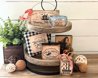 Halloween Vintage Tiered Tray Decor, Primitive Haunted House Signs, Handmade Pillow, Antiqued Wooden Decor, Rustic Gifts