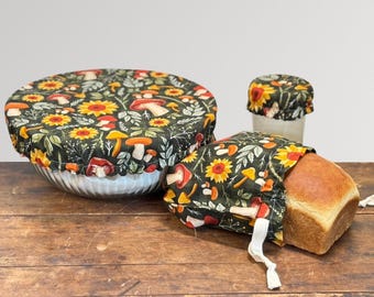 Fall Sourdough Starter Set, Reusable Proofing Bowl & Jar Covers, Mushrooms and Sunflowers Eco-Friendly Bread Bag, Handmade Bread Making Gift