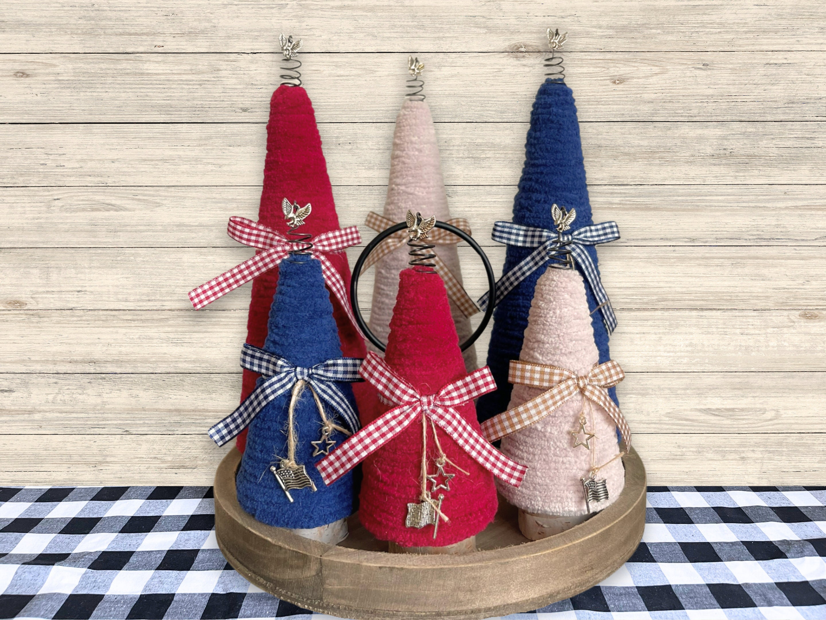 4th of July Yarn Trees, Americana Red White and Blue Decorations, Rustic Independence Day Decor, Farmhouse Style Holiday Accents