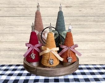 Fall and Thanksgiving Yarn Trees with Leaf or Cornucopia Charms, Rustic Fall Colors Including Burgundy Rust and Yellow, Farmhouse Decor