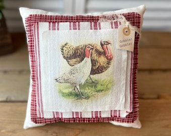 Primitive Thanksgiving Turkey and Hen Pillow, Rustic Farmhouse Style Decor, Cozy Fall Pillow for Baskets, Vintage Autumn Pillow Tuck