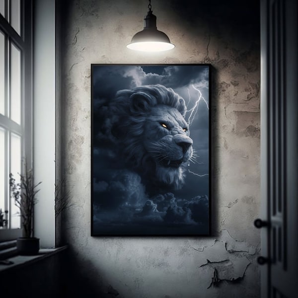 Large dark lion furious against stormy sky, lion wall Art, lion, black lion, digital download, wall art print, living room, sky, lions