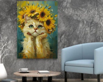Stampa artistica di gatto, stampa di gatto, arte da parete di gatto, decorazione da parete di gatto, pittura murale di fiori di gatto, carta da parati con stampa di gatto, ritratto di gatto, pittura murale artistica