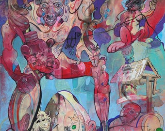 Cartooned Figures in a Landscape Original Mixed Media Painting by Eric Penington