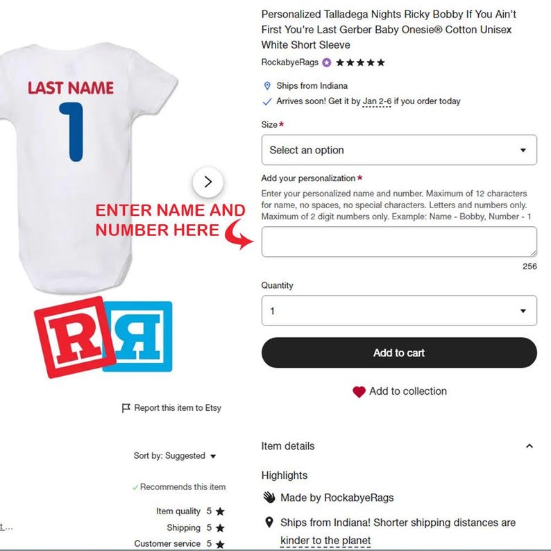 May include: White short-sleeved baby onesie with a blue number 1 and the text "LAST NAME" printed on the front. The onesie is customizable with a name and number. The onesie is made by RockabyeRags and ships from Indiana.