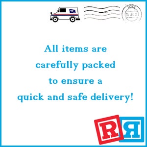 May include: A blue and white mail truck with a red, white, and blue stamp that says "LOVE" and "15. 18. 10". The text says "All items are carefully packed to ensure a quick and safe delivery!" with a red "R" and a blue "Я" at the bottom.