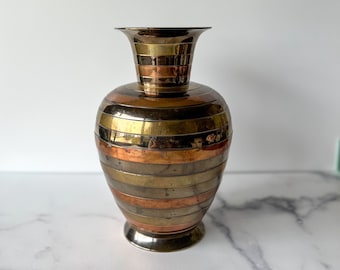 Large Vintage Tricolor Banded Brass Vase, Copper and Brass, Free Shipping