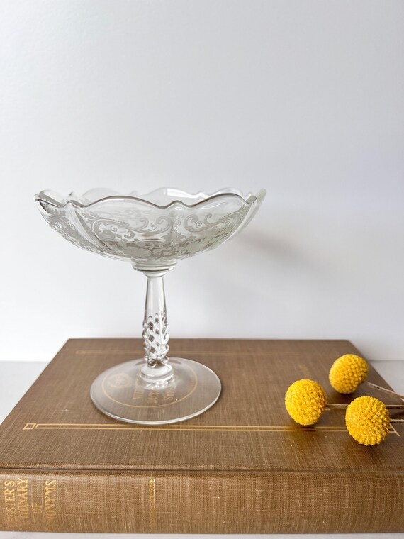 Vintage Etched Clear Cambridge Glass Pedestal Dis… - image 1