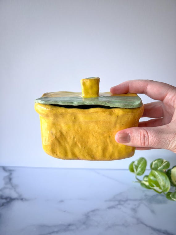 Striped Pottery Box with Lid, Green and Yellow St… - image 9