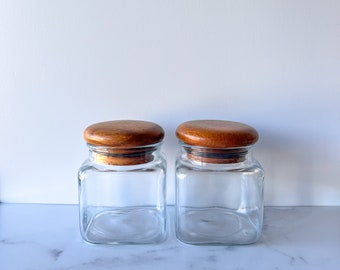 Pair of Vintage MCM Glass Canisters with Teak Lids, Dolphin Thailand Wooden Lid Jars, Free Shipping