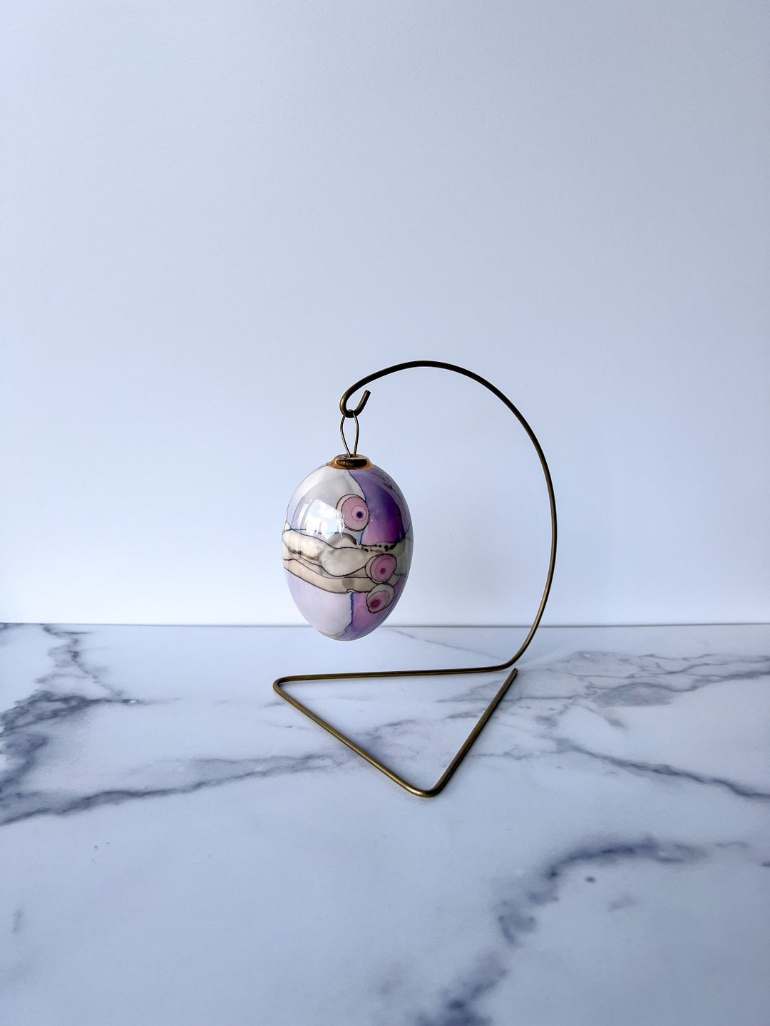 Frederick Frances Eggshaped Ceramic Ornament With Hanger Stand, Pink