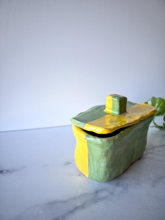 Striped Pottery Box with Lid, Green and Yellow St… - image 4