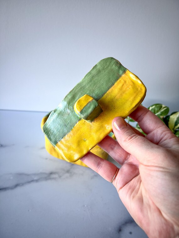 Striped Pottery Box with Lid, Green and Yellow St… - image 8