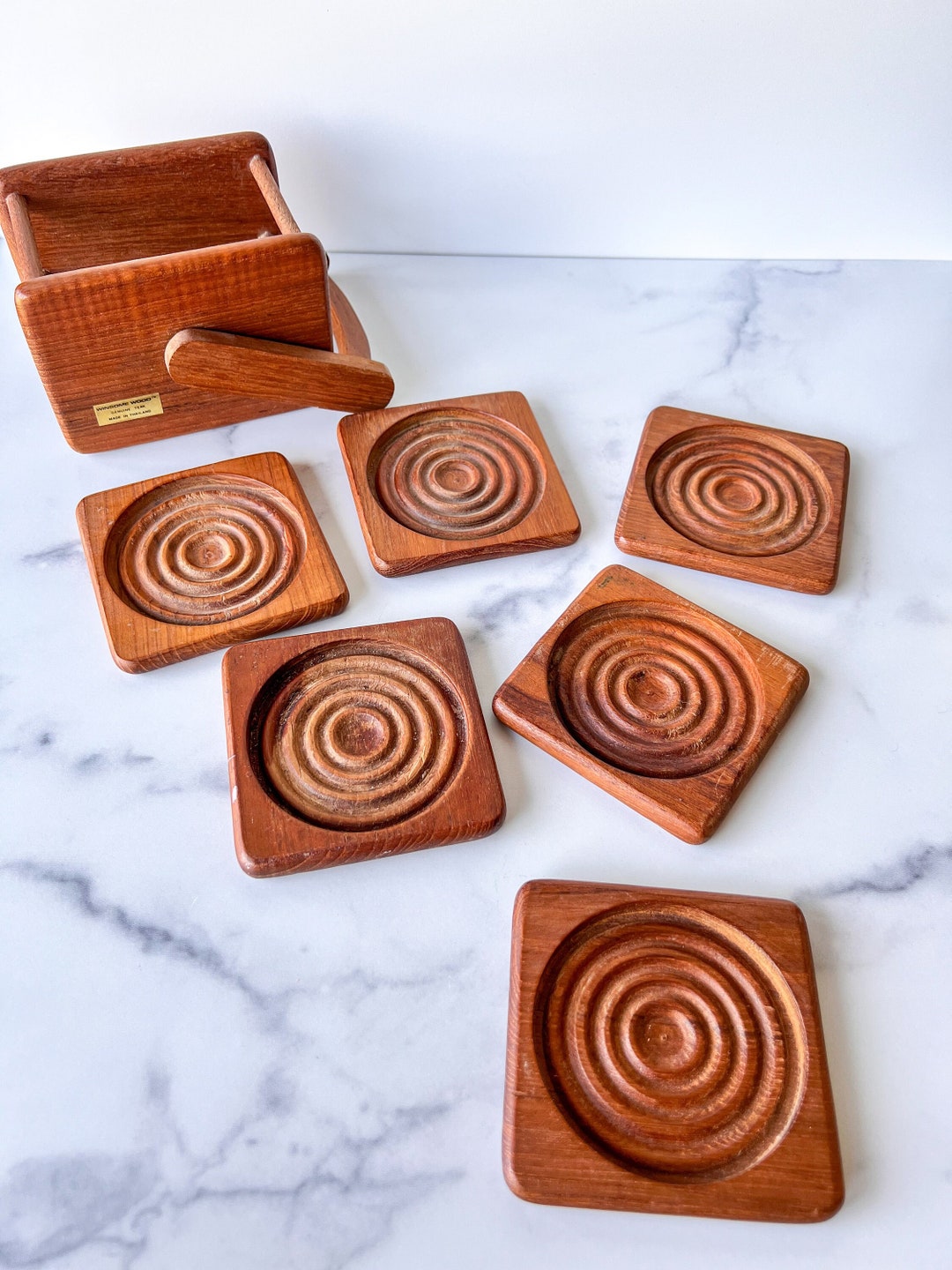 Set of Six Teak Wood Coasters With Caddy Winsome Wood Etsy
