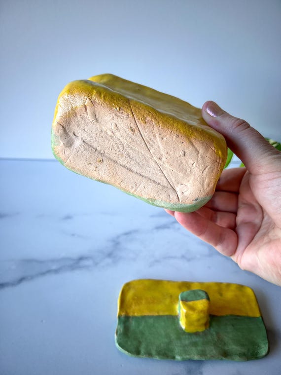 Striped Pottery Box with Lid, Green and Yellow St… - image 10