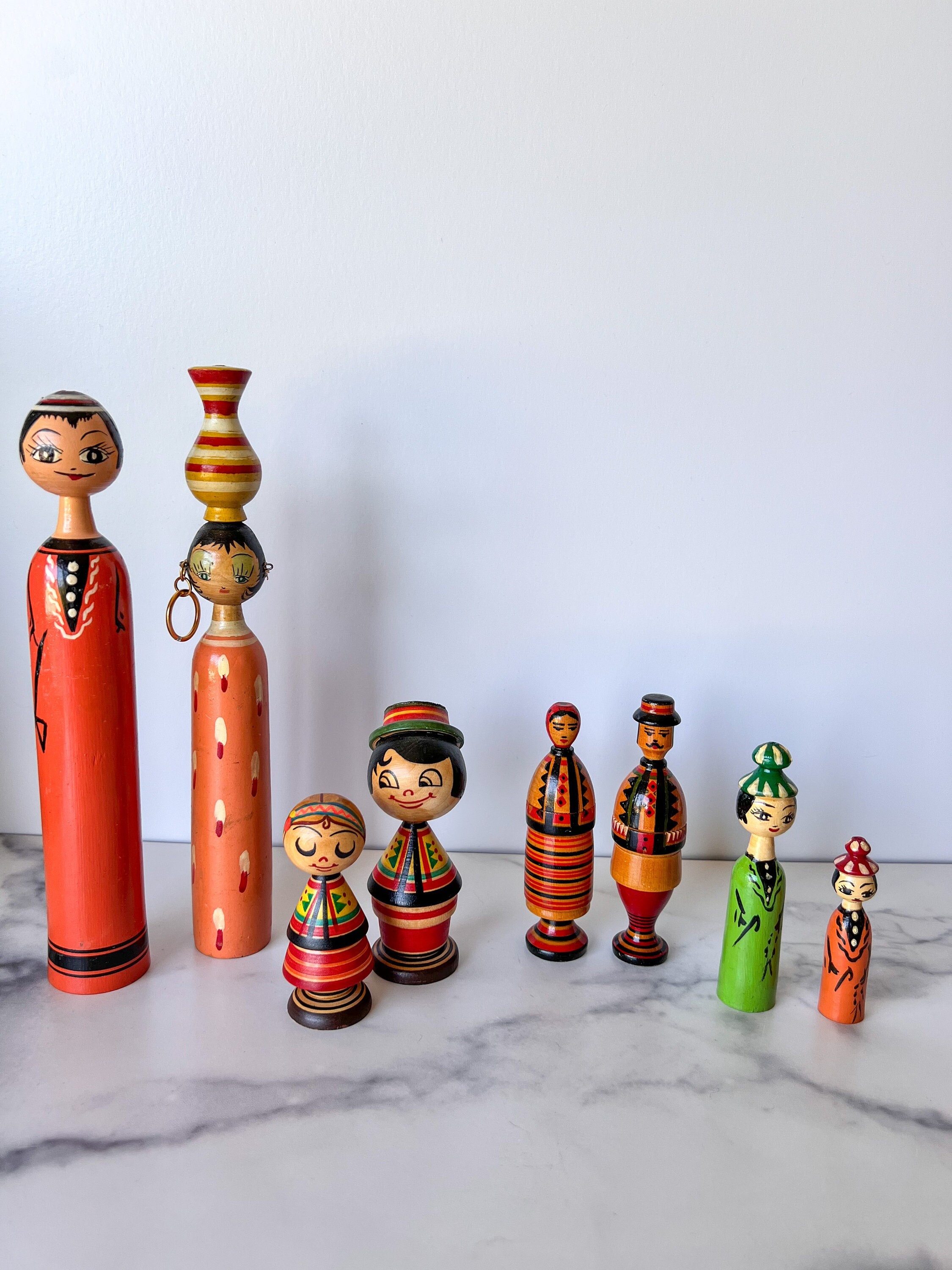 Hand Made Turned Wooden Doll Couples from Around the World, Free Shipping