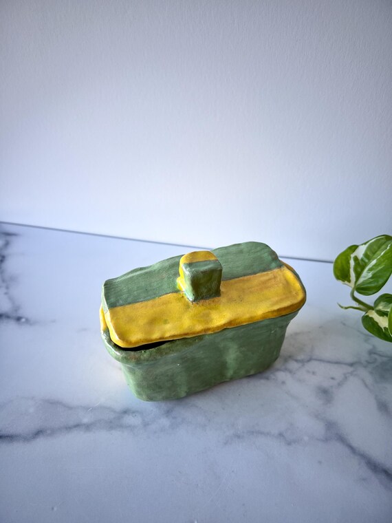 Striped Pottery Box with Lid, Green and Yellow St… - image 3