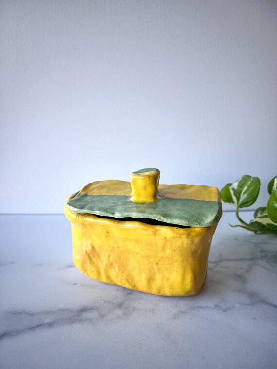 Striped Pottery Box with Lid, Green and Yellow St… - image 5