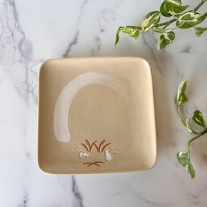 Single Vintage Square Plate with Bunnies, Japanese Hagiware Style Plate, Rabbit Decor, Free Shipping