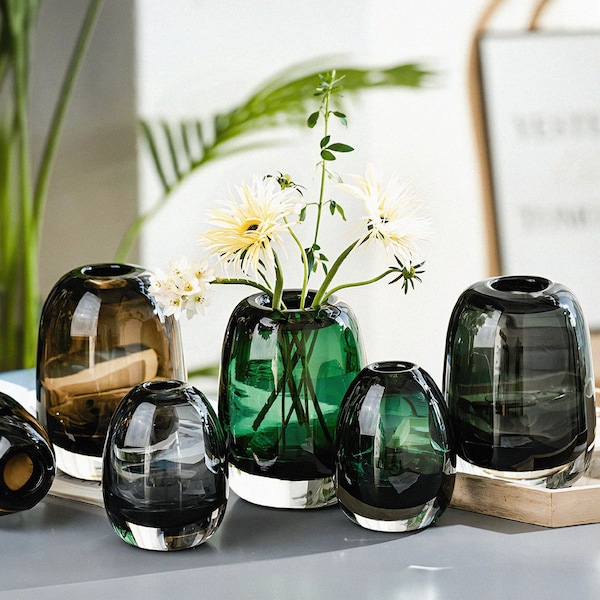 Modern Bubble Glass Vases, Green Glass Bud Vase, Clear Amber Glass Flower Pots, Office Desk Decor, Housewarming Gift - Small & Large
