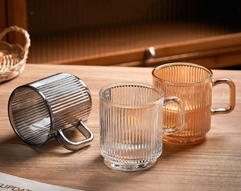 Ribbed Clear Glass Mugs, Wooden Lid, Short & Tall Transparent Mug, Creative Aesthetic Cup, Heat Resistant Glass for Hot Coffee, Tea, Milk