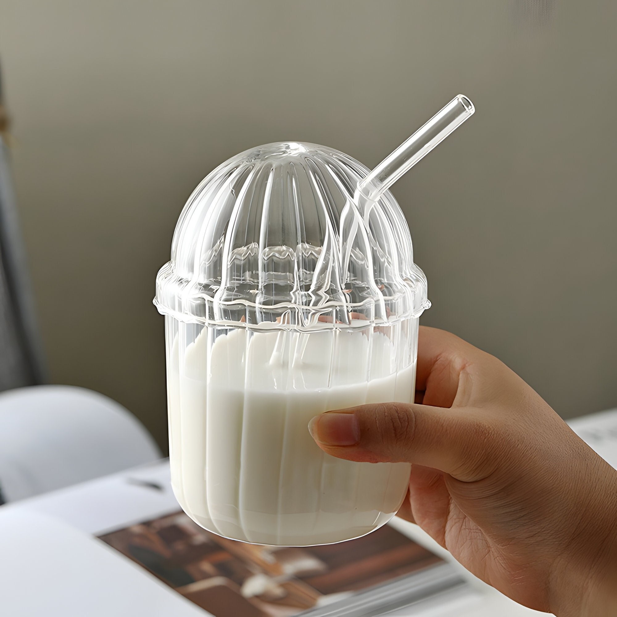 Ribbed Glass Coffee Cup With Straw - Perfect For Iced Coffee