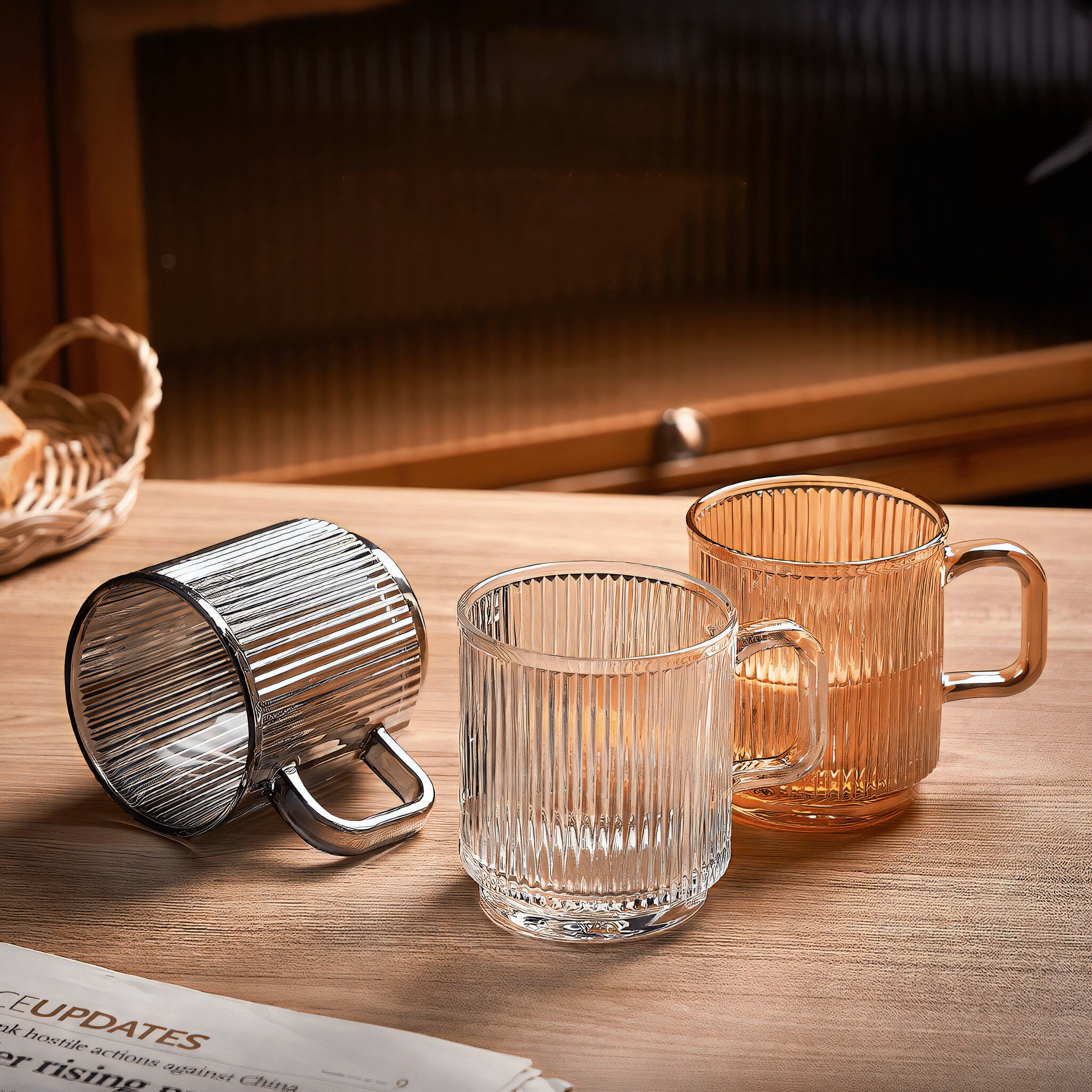 Ribbed Clear Glass Mugs, Wooden Lid, Short & Tall Transparent Mug, Creative  Aesthetic Cup, Heat Resistant Glass for Hot Coffee, Tea, Milk 
