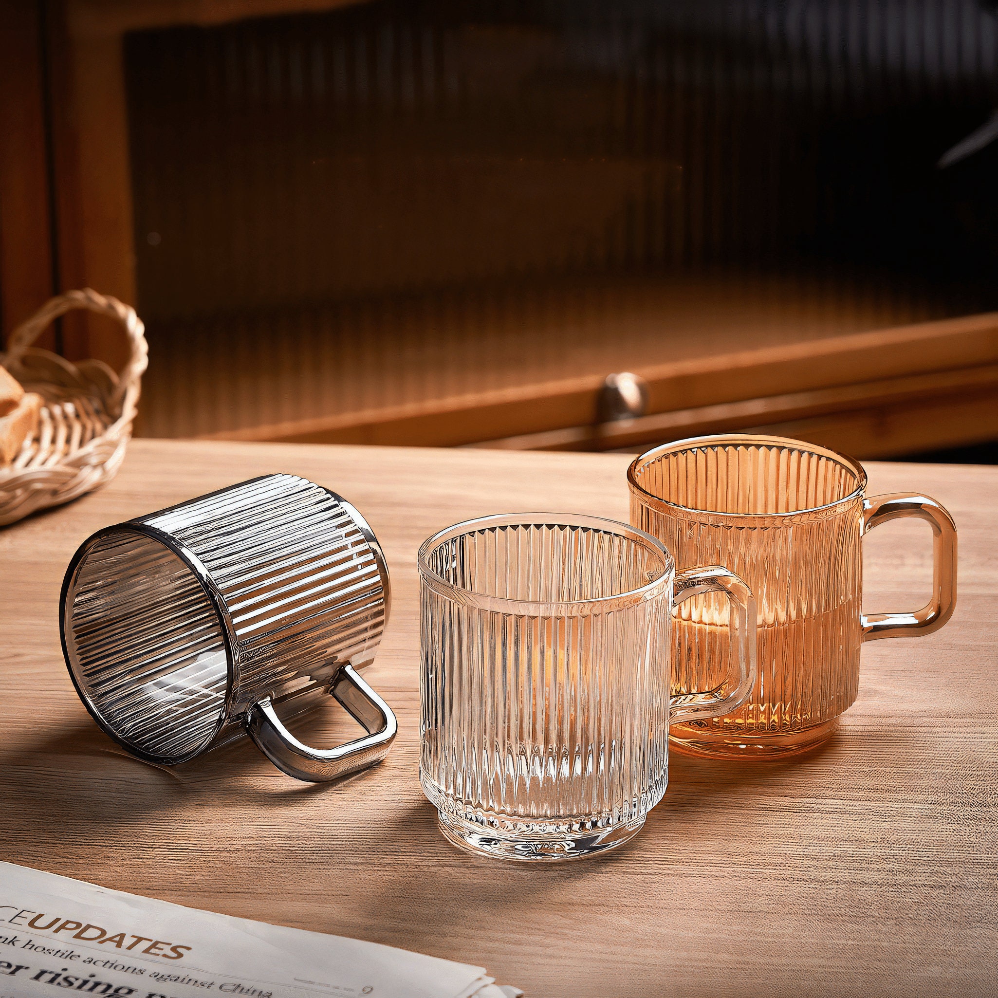 Ribbed Clear Glass Mugs, Wooden Lid, Short & Tall Transparent Mug, Creative  Aesthetic Cup, Heat Resistant Glass for Hot Coffee, Tea, Milk 