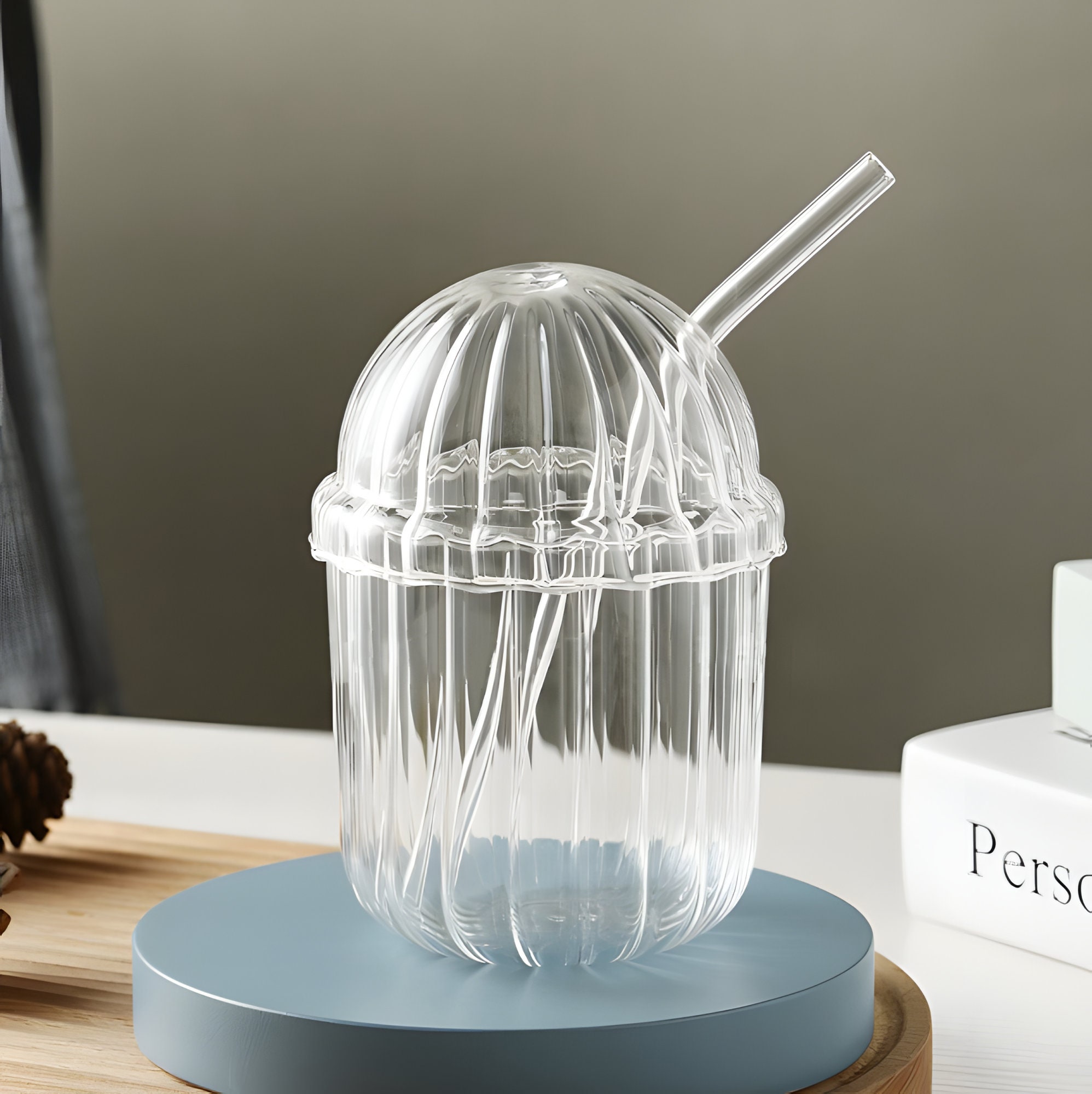 Clear Glass Takeout Cup With Lid and Straw, Ribbed Ice Coffee