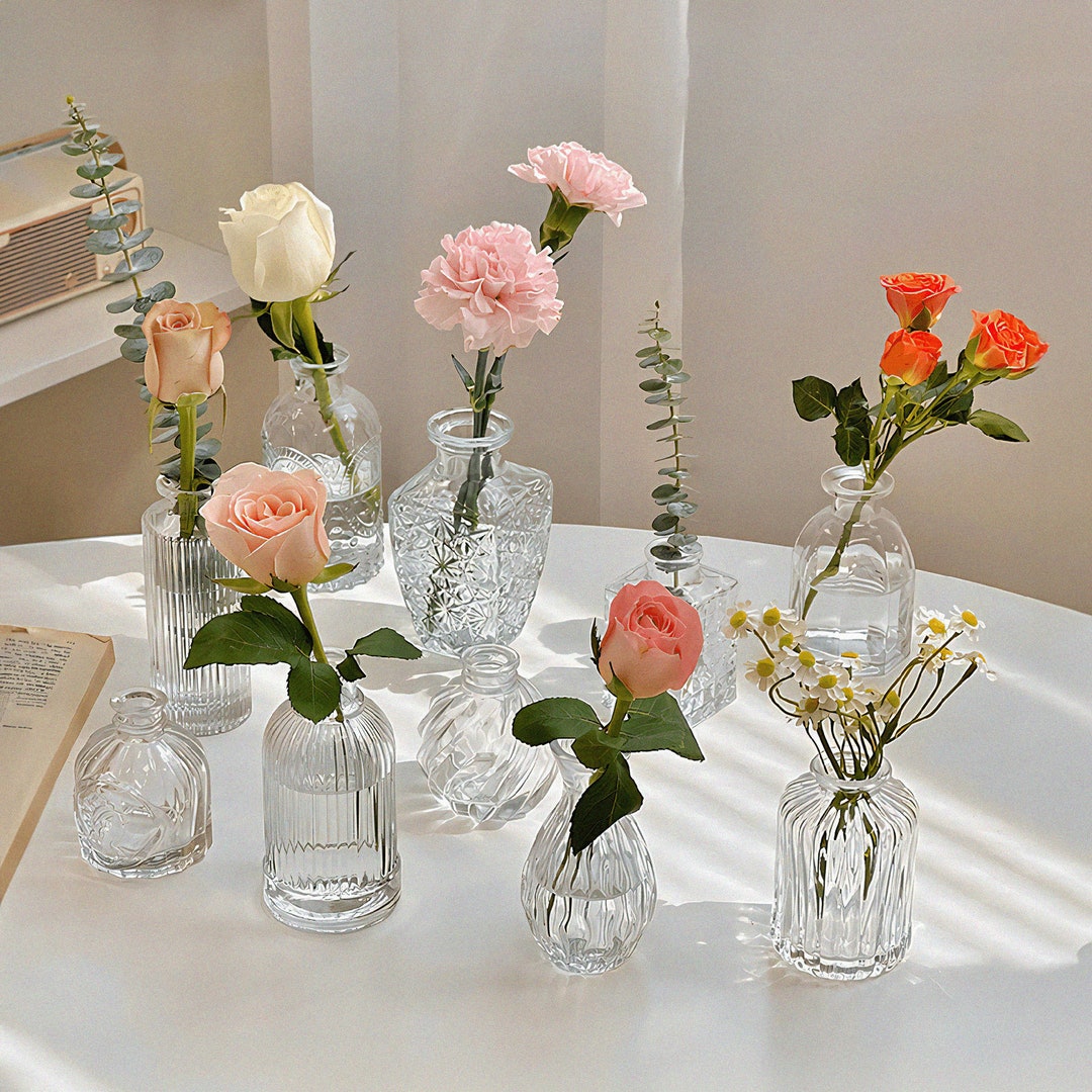 Assorted Clear Vintage Glass Vases, Small Bottle Bud Vase, Textured