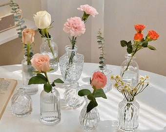 Assorted Clear Vintage Glass Vases, Small Bottle Bud Vase, Textured Mini Flower Pots, French Country Farmhouse Style, Boho Wedding Decor