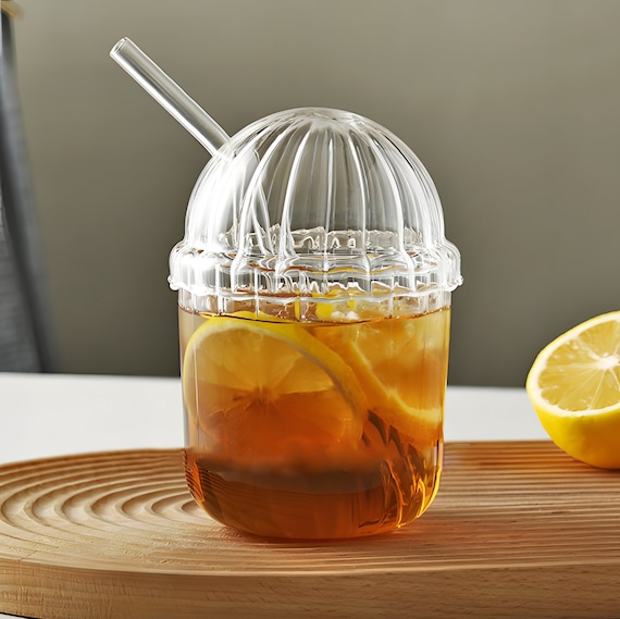 Takeout Glass Cup With Lid and Straw, Clear Cute Glass Cups, Iced