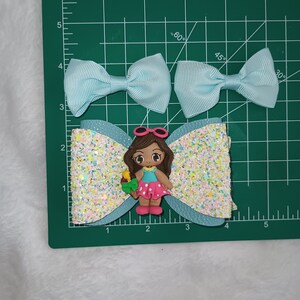 Candy girl bow set, ice cream girl bow, bright glitter bow dark skin doll bow set